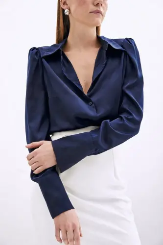 Vatkalı Saten Gömlek - Lacivert-Lacivert - 4