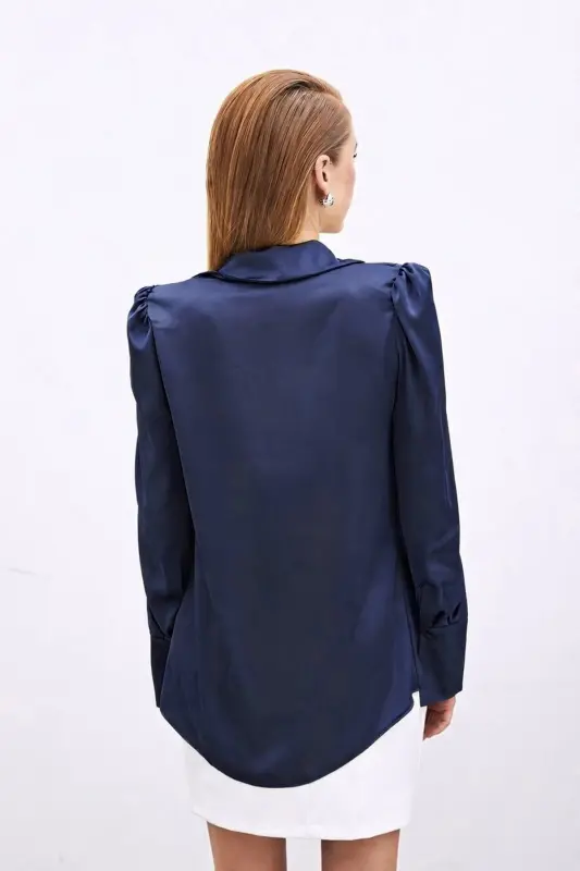 Vatkalı Saten Gömlek - Lacivert-Lacivert - 5