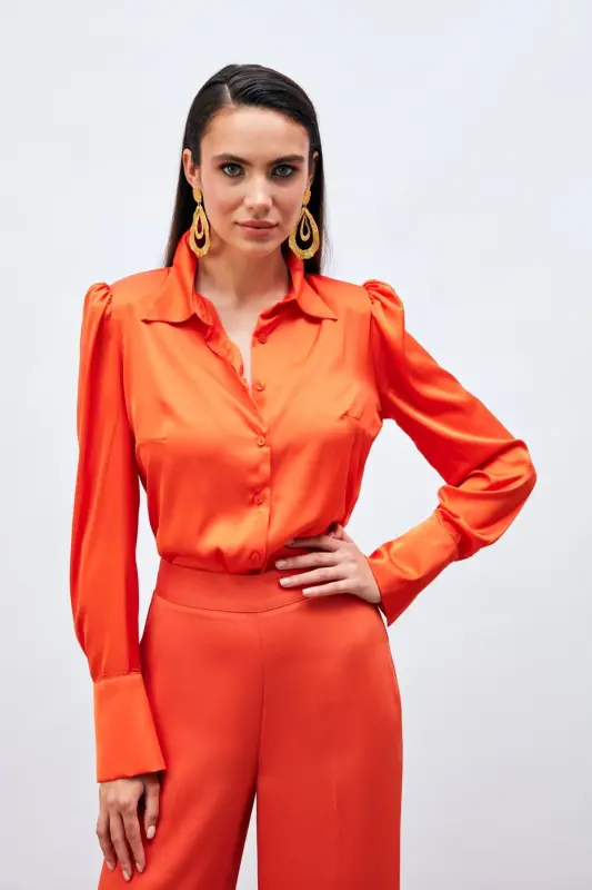 Vatkalı Saten Gömlek - Oranj - ORANJ - 1