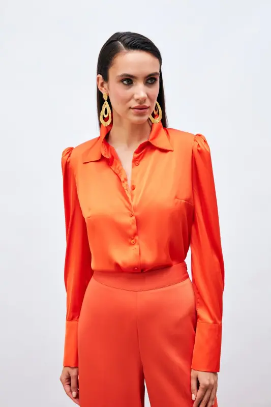 Vatkalı Saten Gömlek - Oranj - ORANJ - 2