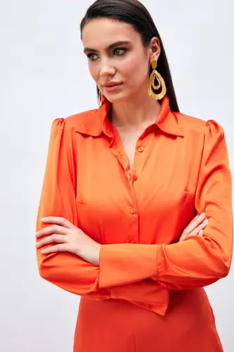 Vatkalı Saten Gömlek - Oranj - ORANJ - 3