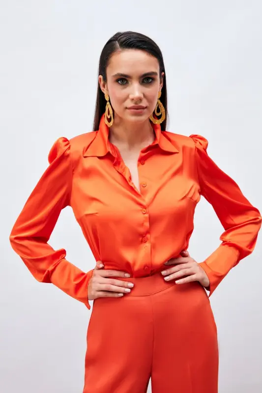 Vatkalı Saten Gömlek - Oranj - ORANJ - 4