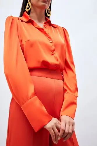 Vatkalı Saten Gömlek - Oranj - ORANJ - 6