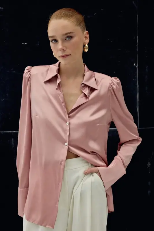Vatkalı Saten Gömlek - Pembe-Pembe - SATEEN