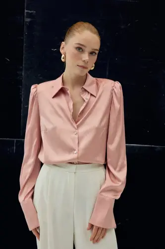 Vatkalı Saten Gömlek - Pembe-Pembe - SATEEN (1)