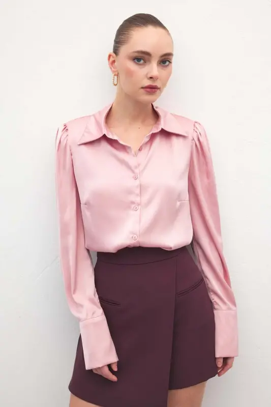 Vatkalı Saten Gömlek - Pembe - Pembe - 1