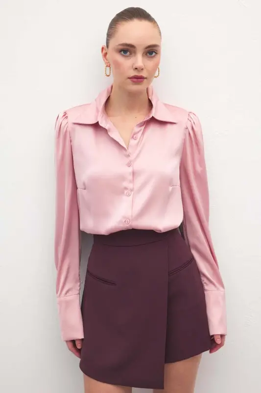 Vatkalı Saten Gömlek - Pembe - Pembe - 3