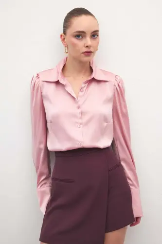Vatkalı Saten Gömlek - Pembe - Pembe - 4