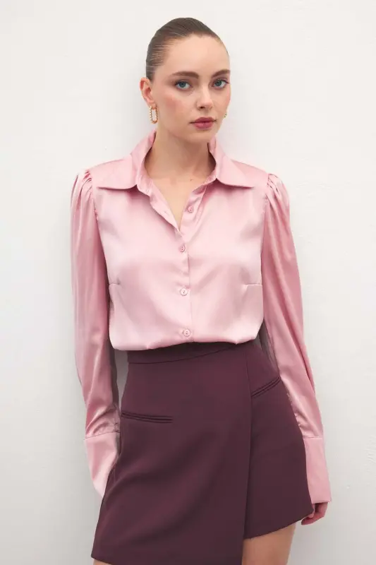 Vatkalı Saten Gömlek - Pembe - Pembe - 4