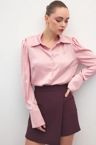 Vatkalı Saten Gömlek - Pembe - Pembe - 5