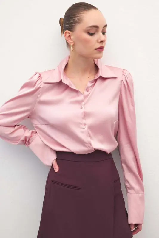 Vatkalı Saten Gömlek - Pembe - Pembe - 6