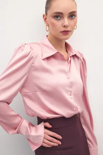 Vatkalı Saten Gömlek - Pembe - Pembe - 7