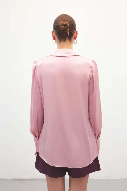 Vatkalı Saten Gömlek - Pembe - Pembe - 8