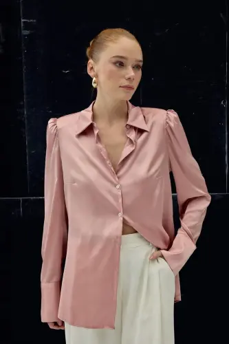Vatkalı Saten Gömlek - Pembe-Pembe - 3