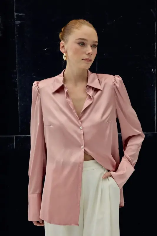 Vatkalı Saten Gömlek - Pembe-Pembe - 3