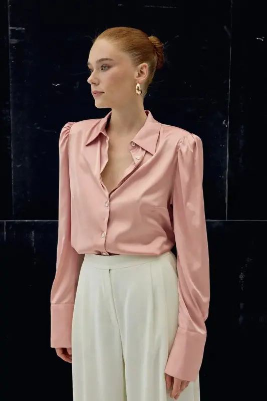 Vatkalı Saten Gömlek - Pembe-Pembe - 5