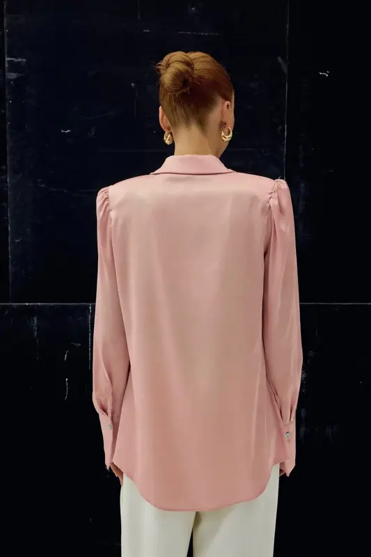 Vatkalı Saten Gömlek - Pembe-Pembe - 7