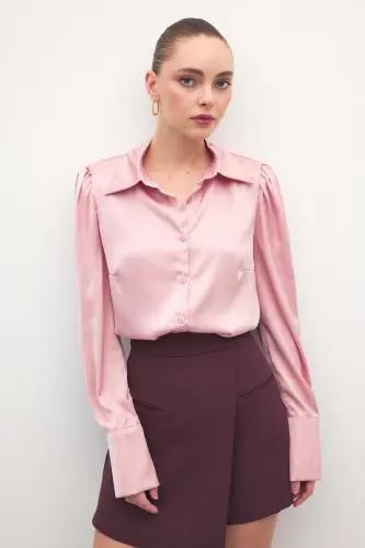 Vatkalı Saten Gömlek - Pembe - Pembe 