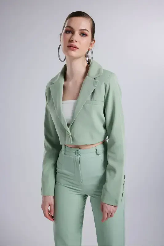 Ваткалы Crop Model Uzun Kol Blazer Panky Ceket Yeş - 3