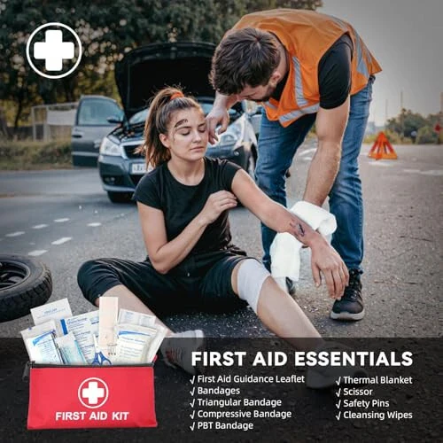 VCANENERGY Car Emergency Safety Kit Bag with Portable Air Compressor, Jumper Cables,First Aid Kit, Tire Pressure Gauge, Auto Vehicle Safety Road Side Assistance Kits Essentials,for Women, Men, Teen - 5