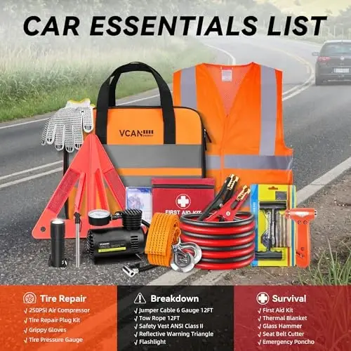 VCANENERGY Car Emergency Safety Kit Bag with Portable Air Compressor, Jumper Cables,First Aid Kit, Tire Pressure Gauge, Auto Vehicle Safety Road Side Assistance Kits Essentials,for Women, Men, Teen - 2