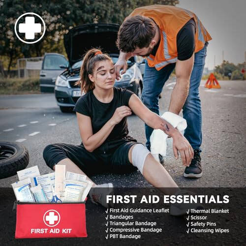 VCANENERGY Car Emergency Safety Kit Bag with Portable Air Compressor, Jumper Cables, First Aid Kit, Tire Pressure Gauge, Auto Vehicle Safety Road Side Assistance Kits Essentials, for Women, Men, Teen - 5