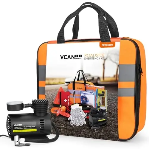 VCANENERGY Car Emergency Safety Kit Bag with Portable Air Compressor, Jumper Cables, First Aid Kit, Tire Pressure Gauge, Auto Vehicle Safety Road Side Assistance Kits Essentials, for Women, Men, Teen - 1