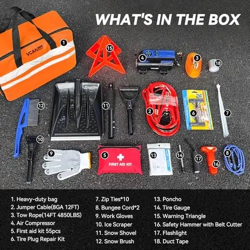 Car Emergency Kit with Portable Air Compressor, Winter Car Safety Roadside Assist Kit, Emergency Car Kit for Cars, Trucks - 2