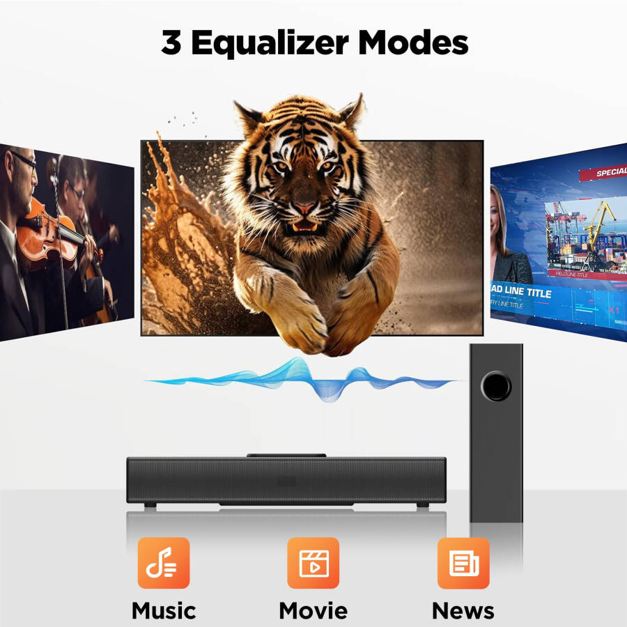 VEAT00L 2.1 kanallı Akıllı TV'ler için Wooferlı Ses Çubuğu, 160 W Çevresel Sesli Bluetooth Ses Çubuğu, Kablosuz Bluetooth 3D Çevresel Sesli Ses Çubuğu, Derin Baslı Ayarlanabilir Ev Sineması Çevresel Sistemi - 4