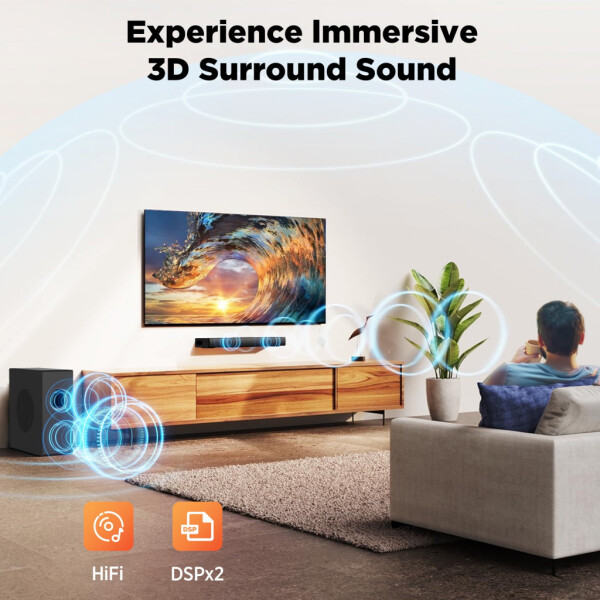 VEAT00L 2.1ch Sound Bars for Smart TV with Subwoofer, 160W Surround Sound Bluetooth Soundbar for TV,Wireless Bluetooth 3D Surround Sound Soundbar Deep Bass Adjustable Home Theater Surround System - 5