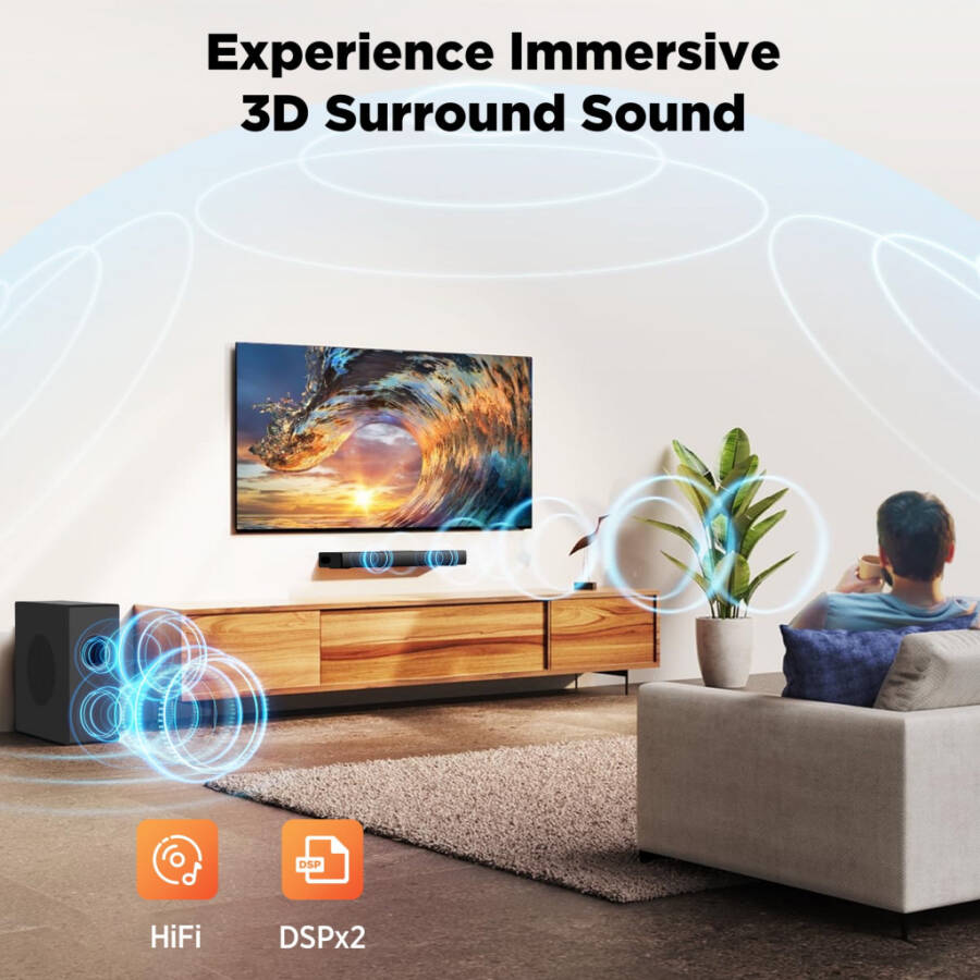 VEAT00L 2.1ch Sound Bars for Smart TV with Subwoofer, 160W Surround Sound Bluetooth Soundbar for TV,Wireless Bluetooth 3D Surround Sound Soundbar Deep Bass Adjustable Home Theater Surround System - 5