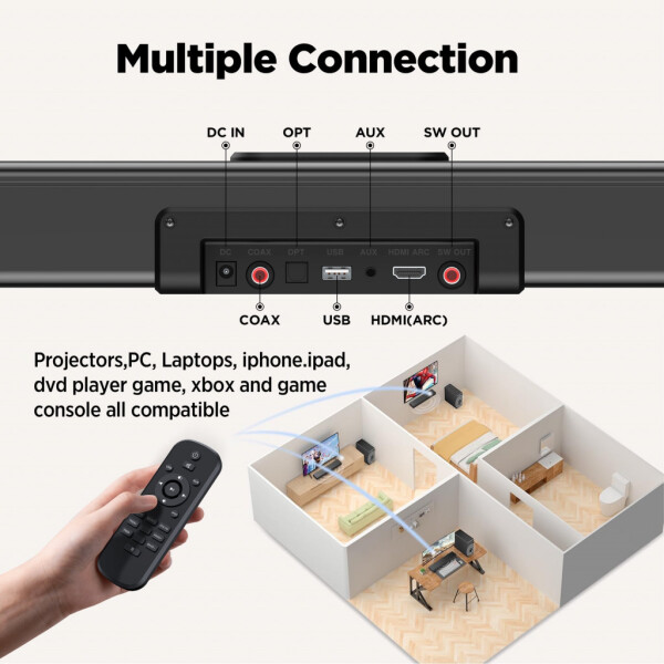 VEAT00L 2.1ch Sound Bars for Smart TV with Subwoofer, 160W Surround Sound Bluetooth Soundbar for TV,Wireless Bluetooth 3D Surround Sound Soundbar Deep Bass Adjustable Home Theater Surround System - 6