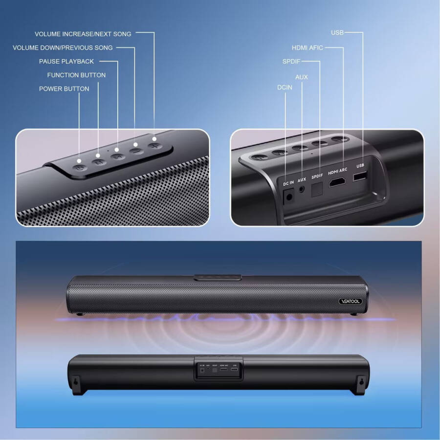 VEAT00L 2.1ch Sound Bars for TV, Soundbar with Subwoofer, Wired & Wireless Bluetooth 5.0 3D Surround Speakers, Optical/HDMI/AUX/RCA/USB Connection, Wall Mountable - 3