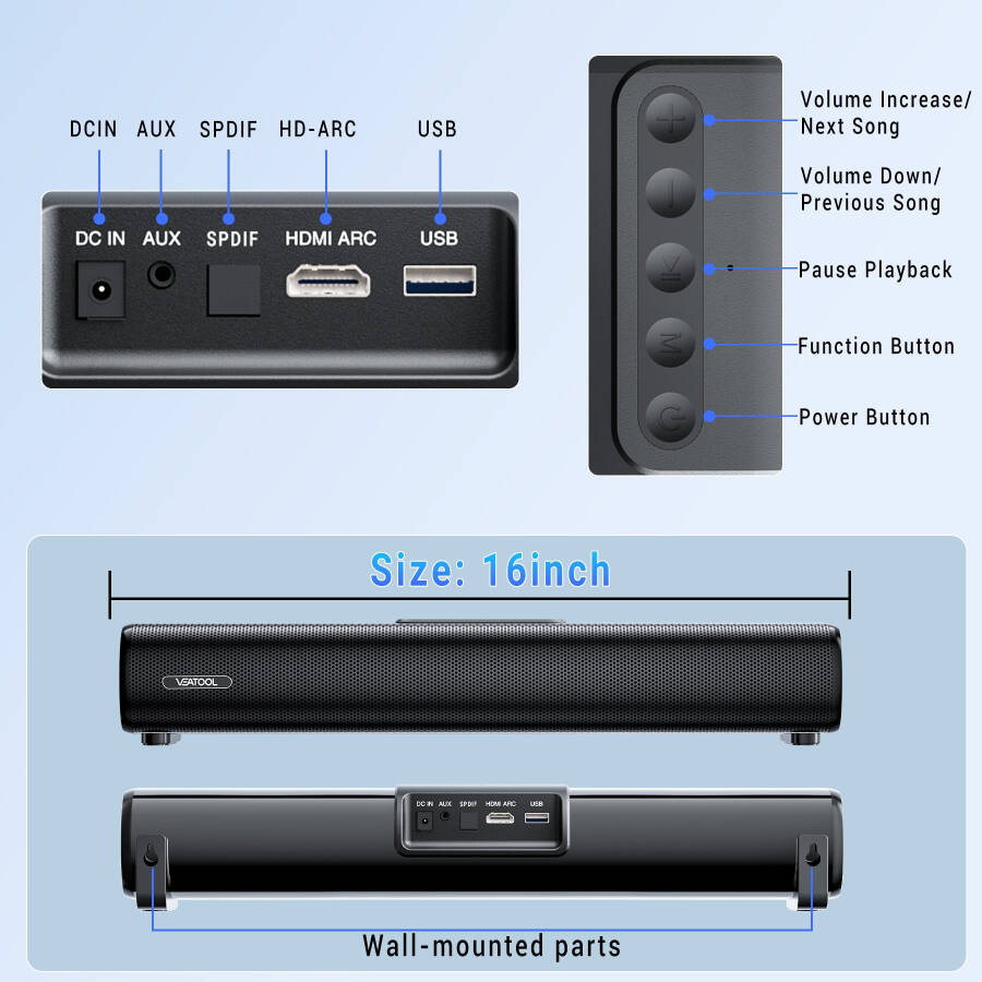 Veatool S10 TV Ses Çubuğu, 50 Watt - 16 İnçlik Optik, AUX ve USB Girişli Küçük Bluetooth Ses Çubuğu - 4