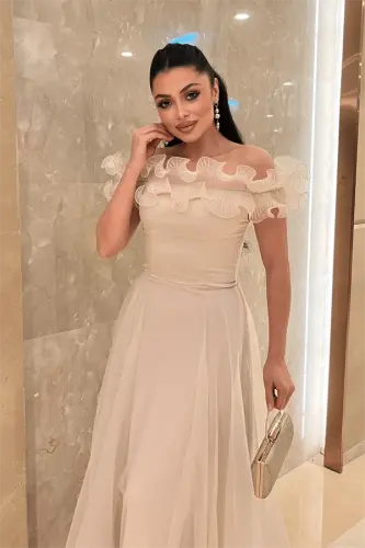 Вечернее платье из органзы и шифона с оборками - БЕЖЕВЫЙ - 4