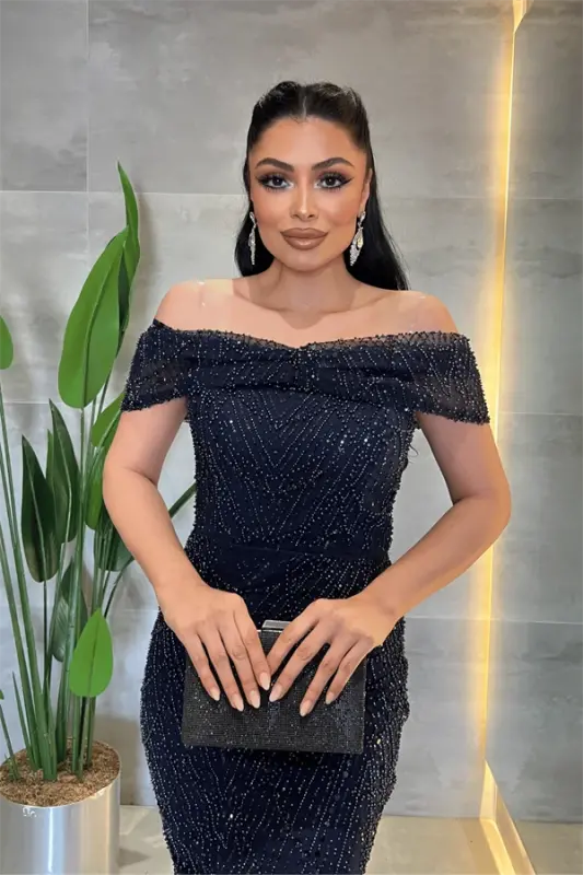 Вечернее платье-лодочка из ткани с полным бисером - ТЕМНО-СИНИЙ - 3