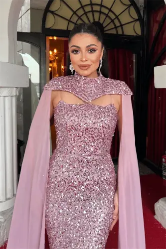 Вечернее платье с пайетками и накидкой - ПУДРОВЫЙ - 4