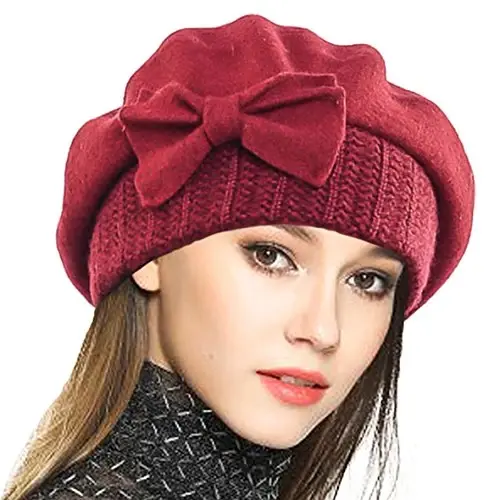 VECRY Lady French Beret 100% Wool Beret Floral Dress Beanie Winter Hat - 1