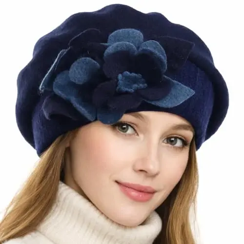VECRY Lady French Beret 100% Wool Beret Floral Dress Beanie Winter Hat 