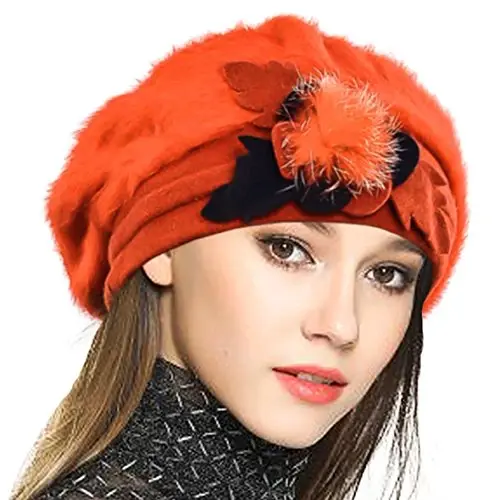 VECRY Lady French Beret 100% Wool Beret Floral Dress Beanie Winter Hat - 1