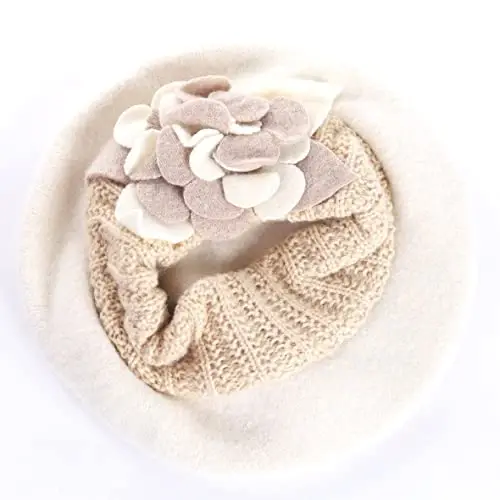 VECRY Lady French Beret 100% Wool Beret Floral Dress Beanie Winter Hat - 3