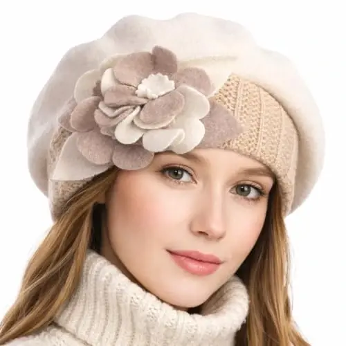 VECRY Lady French Beret 100% Wool Beret Floral Dress Beanie Winter Hat 