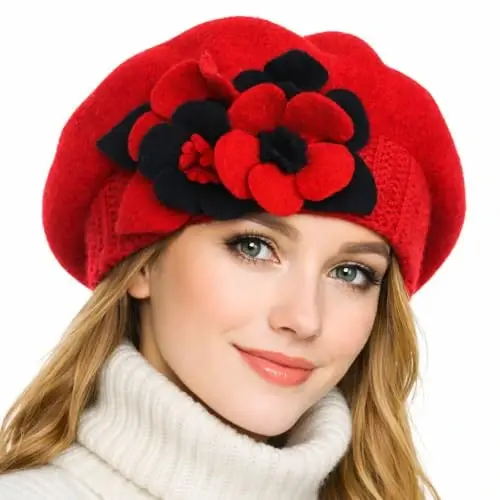 VECRY Lady French Beret 100% Wool Beret Floral Dress Beanie Winter Hat - VECRY (1)
