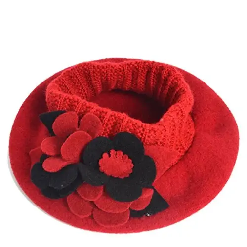 VECRY Lady French Beret 100% Wool Beret Floral Dress Beanie Winter Hat - 2