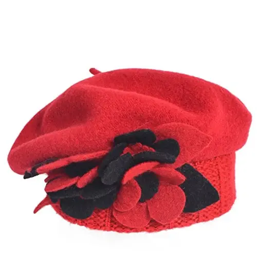 VECRY Lady French Beret 100% Wool Beret Floral Dress Beanie Winter Hat - 3