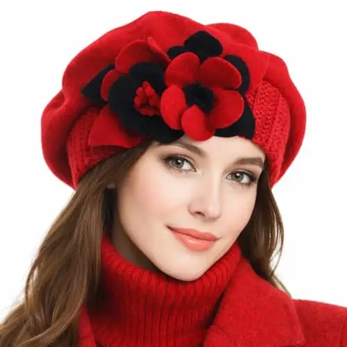 VECRY Lady French Beret 100% Wool Beret Floral Dress Beanie Winter Hat 
