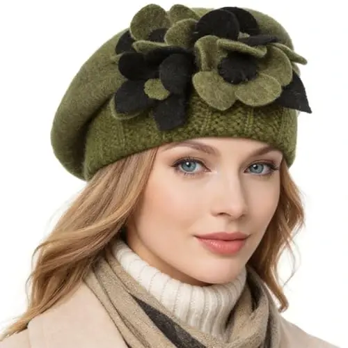 VECRY Lady French Beret 100% Wool Beret Floral Dress Beanie Winter Hat - VECRY (1)
