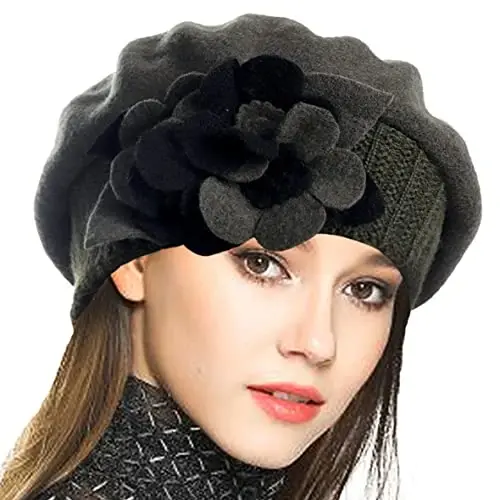 VECRY Lady French Beret 100% Wool Beret Floral Dress Beanie Winter Hat 