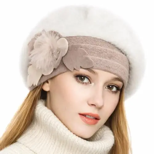 VECRY Lady French Beret 100% Wool Beret Floral Dress Beanie Winter Hat 