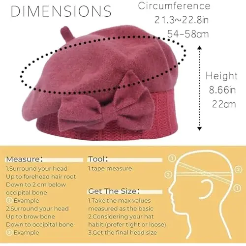 VECRY Lady French Beret 100% Wool Beret Floral Dress Beanie Winter Hat - VECRY (1)